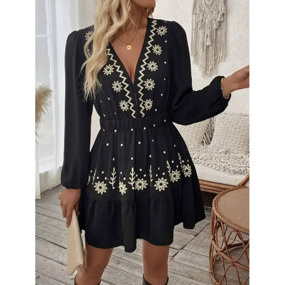 ZARA Petite Deep V Embroidered Black Long Sleeve Mini Dress